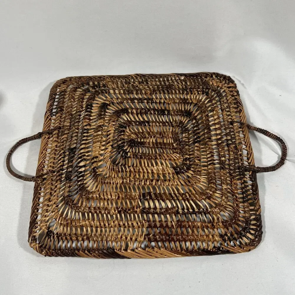 Vintage Wicker Basket Wall Art Hanging Handles Boho Farmhouse Tray 9.75” Square